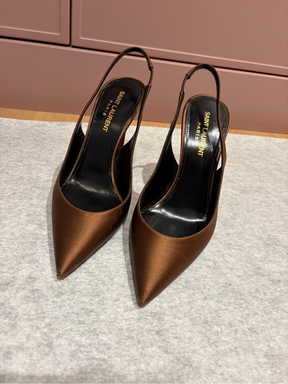 Saint Laurent Bronze-Brown Satin Pointed Slingback Pumps